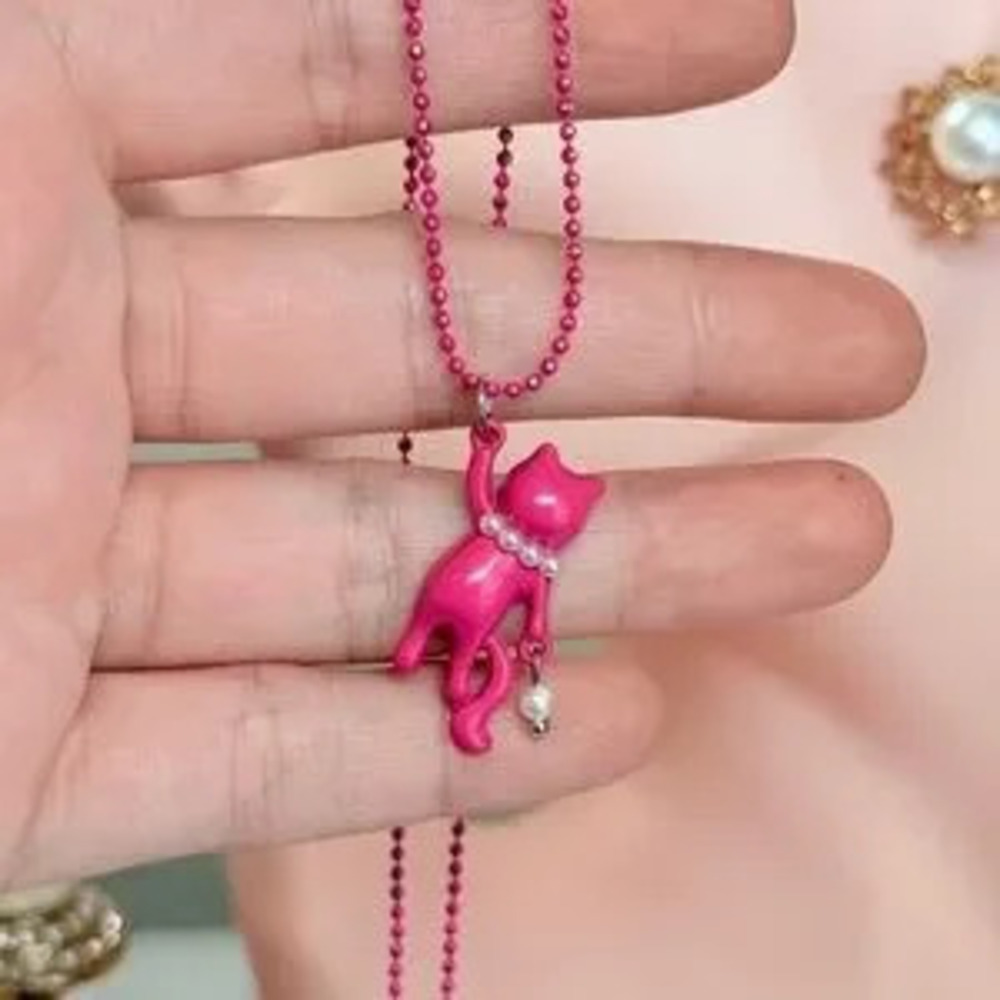Pink Cat Necklace with Pearl Accents